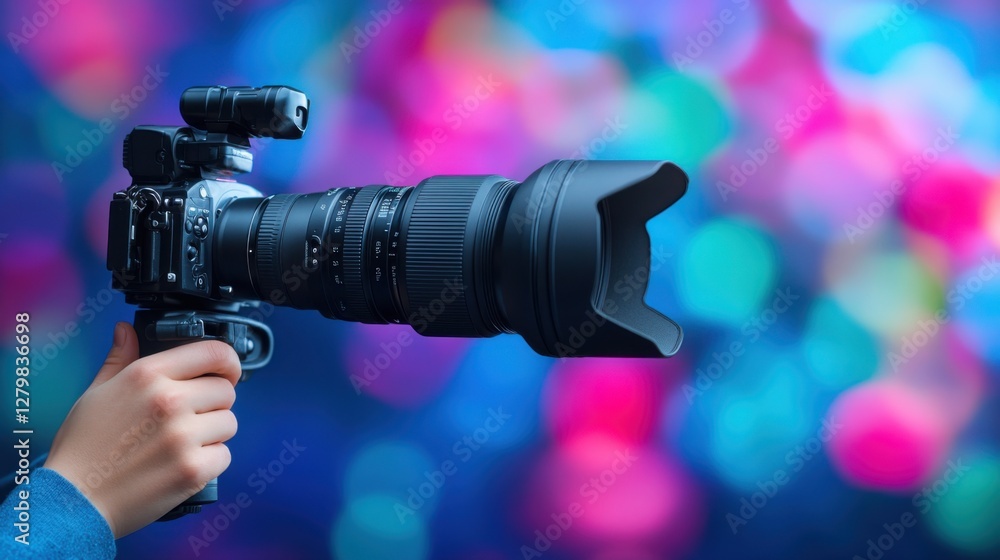 Poster professional camera in hand captured against an out-of-focus colorful bokeh background