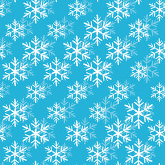 Winter seamless pattern with white snowflakes on blue background. Vector illustration for fabric, textile wallpaper, posters, gift wrapping paper. Christmas vector illustration.