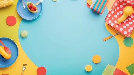 Colorful fruit and food arrangement, playful design, studio shot. Ideal for kitchen or food theme