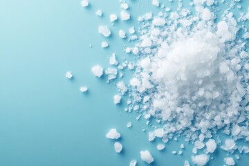 Heap of glistening white sea salt against a blue background