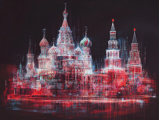 Kremlin futuristic holographic wireframe digital cyber sci-fi neon red silver artificial intelligence virtual reality Moscow Russia historical monument architecture visualization mesh dot data dreamy