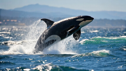Fototapeta premium majestic orca leaps from ocean, creating splashes in sunlight