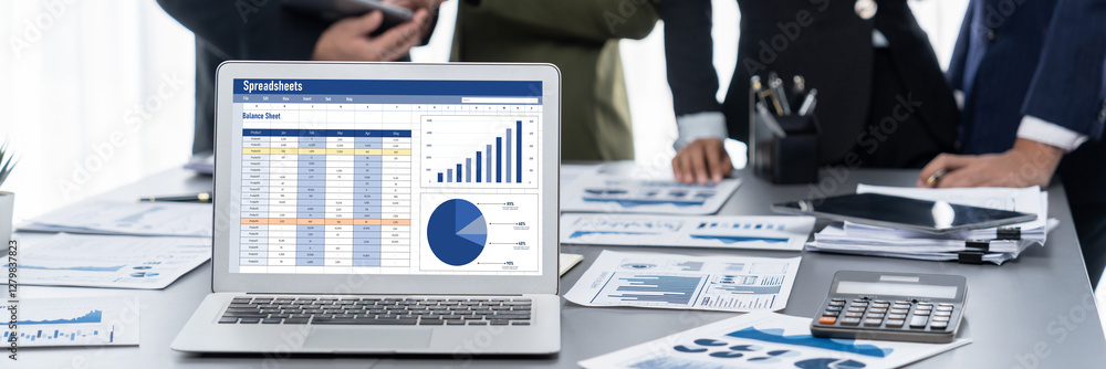 Poster spreadsheet document information financial startup concept. data and graphs in spreadsheet documents