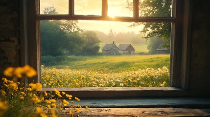 A cozy countryside with rolling meadows and blooming wildflowers, visible through an old wooden office window, soft golden light, distant cottages with stone walls and thatched roofs,