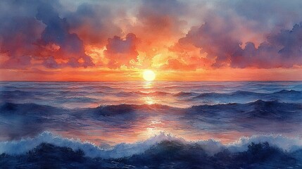 Fototapeta premium Beautiful Sunset Over a Calm Ocean with Colorful Dramatic Clouds