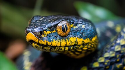 Obraz premium Closeup of a Blue Black and Yellow Snake in Lush Tropical Foliage