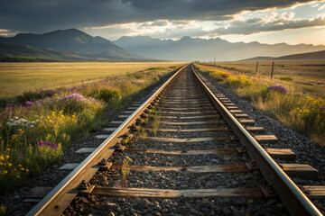 Fototapeta premium scenic view of railway tracks stretching through vibrant landscape