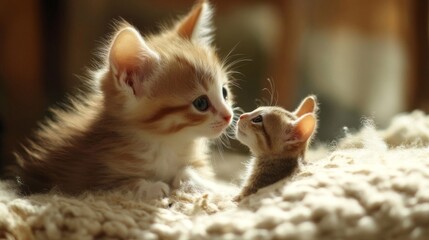 Two Adorable Kittens Nosing Each Other on a Beige Knitted Blanket