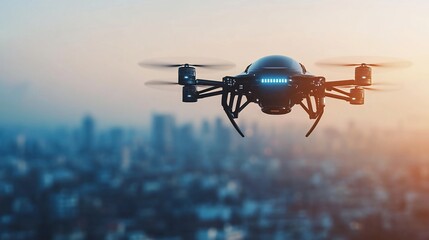 Drone flying over city at sunrise, aerial view
