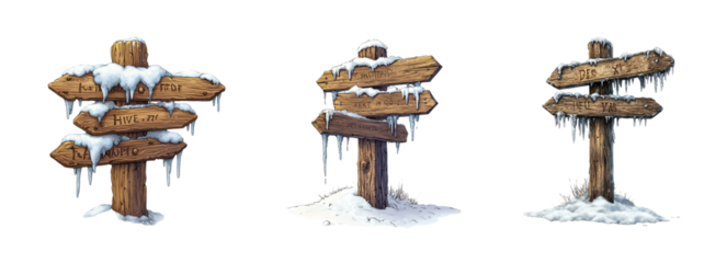 Wooden Directional Signs in Winter Scene