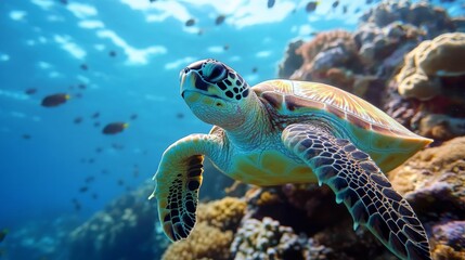 Sea Turtle in Vibrant Coral Reef Underwater