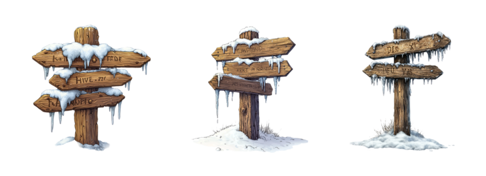Wooden Directional Signs in Winter Scene