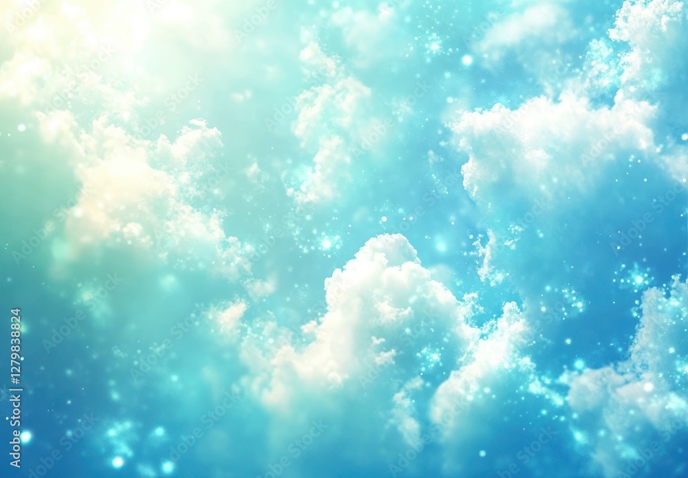 Poster bright and ethereal cloudy sky with soft blue tones and subtle glowing highlights in dreamlike atmos