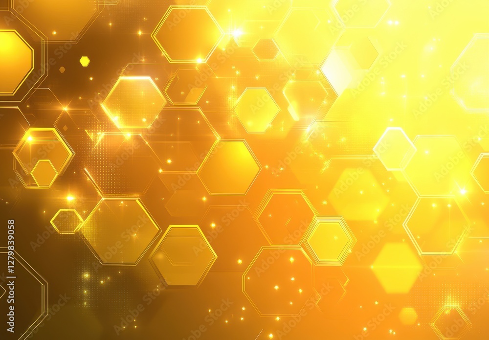 Poster bright golden hexagonal background with glowing effects and sparkles for abstract design and artisti