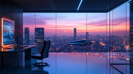 A futuristic office with holographic projections reflecting on the glass, overlooking a spacecraft landing pad, sleek spacecrafts with intricate designs, ambient neon lighting,