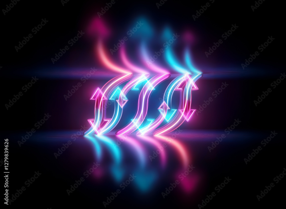 Poster abstract glowing design with pink and blue neon arrows pointing upwards and downwards in a wavy patt