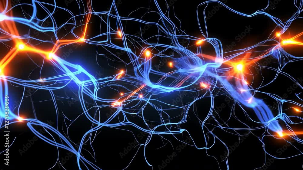 Poster dynamic visualization of neural networks glowing blue and orange synapse connections on dark backgro