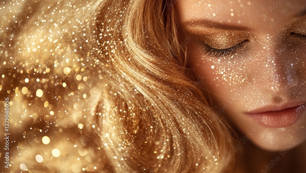 Poster close-up portrait of a person with golden glitter makeup and sparkling bokeh background emphasizing 