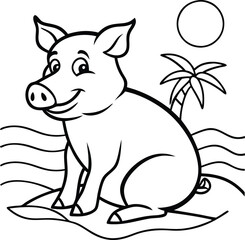 A beautiful pig on the beach vector art illustration 