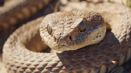 Fototapeta premium Closeup of a Tan Rattlesnake Head Coiled in Desert Sunlight