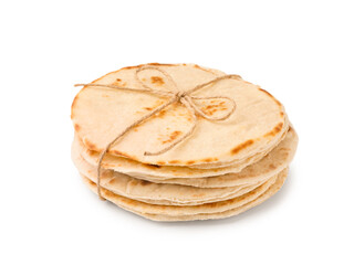 Bunch of tasty pita bread on white background