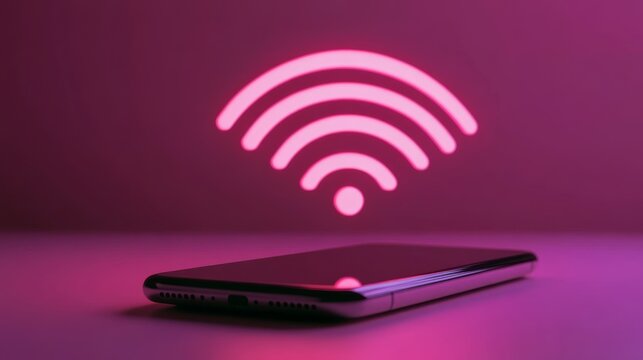 Wireless connectivity symbol above a smartphone in a vibrant pink setting