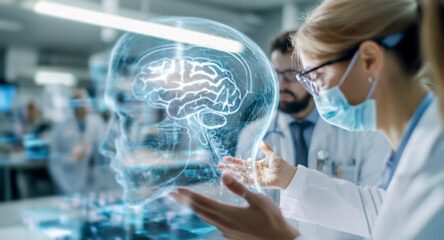 A group of interns observes a holographic brain model while discussing medical research in a state-of-the-art laboratory.