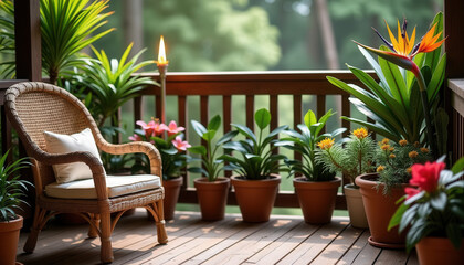 Fototapeta premium Tropical balcony garden with rattan chair and mixed potted plants for urban outdoor oasis and relaxation space