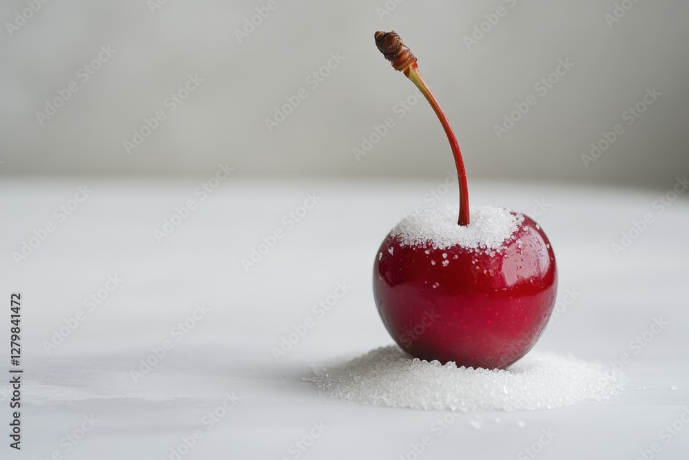 Poster Single sweet cherry covered in sugar on a white surface