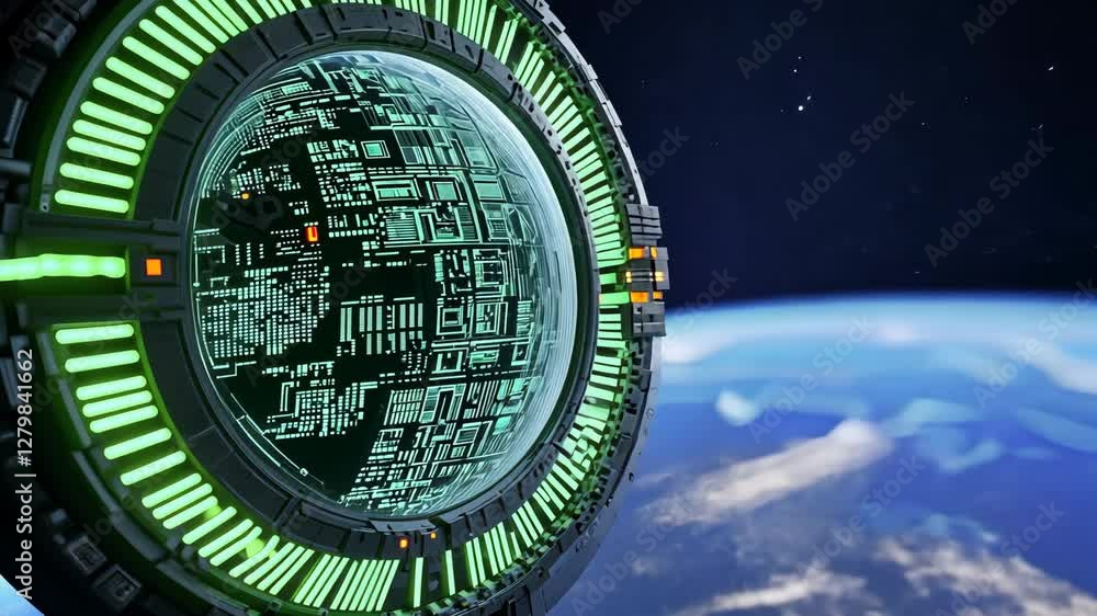 Poster futuristic space station with glowing green lights and intricate design orbits earth, showcasing adv