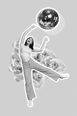 Vertical creative photo collage of positive cheerful playful girl raising hands dance with...