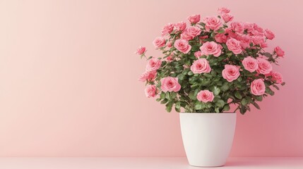 Fototapeta premium Pink roses in a white pot against a soft pink backdrop showcasing vibrant blooms and lush green foliage