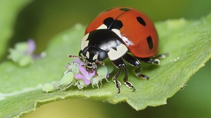 Vibrant red ladybug with distinctive black spots feeding on tiny pink aphids on a fresh green leaf, captured in extreme macro detail showing intricate features and feeding behavior in nature.