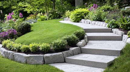 Obraz premium Garden Pathway Steps, Lush Landscaping, Sunny Day. Possible Use Stock Photo