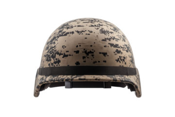 Camouflage helmet with a black strap, isolated