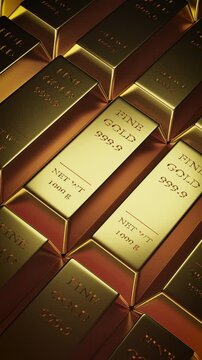 Gold Bullion, Fine Gold bars in banks. Concept of exchange rates, trading, investment in gold market, and collecting valuable metals. 4k loop vertical background