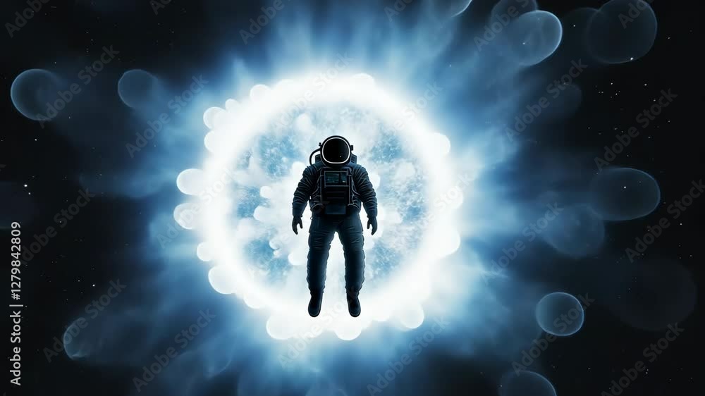 Poster astronaut floats in space surrounded by glowing ethereal energy, creating sense of wonder and explor