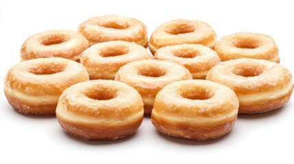 Fototapeta premium Freshly glazed donuts arranged in a tempting stack on a white background, ideal for dessert promotion