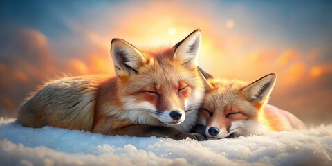 Obraz premium Two red foxes peacefully nestled together in the snow during a vibrant sunset, a heartwarming winter scene of wildlife tranquility.