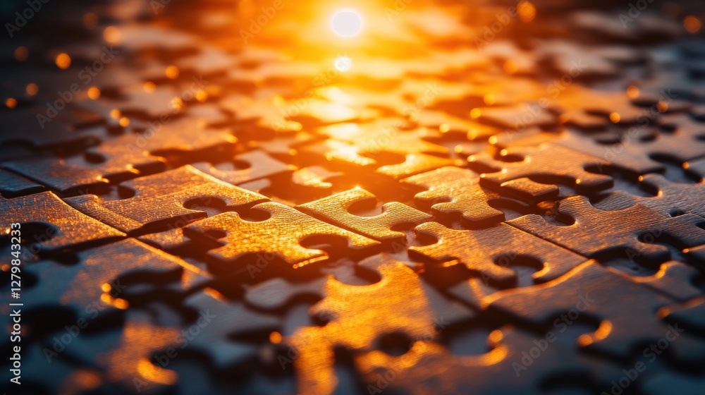 Poster close-up view of interlocking puzzle pieces illuminated by warm sunset light, creating a serene atmo