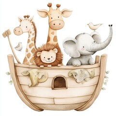 Cute  Noah's Ark Watercolor Illustration In Soft Pastel Tones

