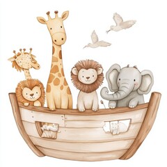 Cute  Noah's Ark Watercolor Illustration In Soft Pastel Tones

