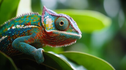 Obraz premium Vibrant Chameleon on Lush Green Foliage