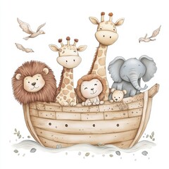 Cute  Noah's Ark Watercolor Illustration In Soft Pastel Tones


