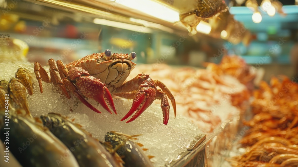 Aufkleber fresh seafood display featuring a live crab on ice with various shellfish in the background