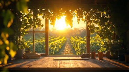 A rustic workspace overlooking a golden vineyard at sunset, vibrant green grapevines glowing under soft orange light, warm wooden textures inside the office,