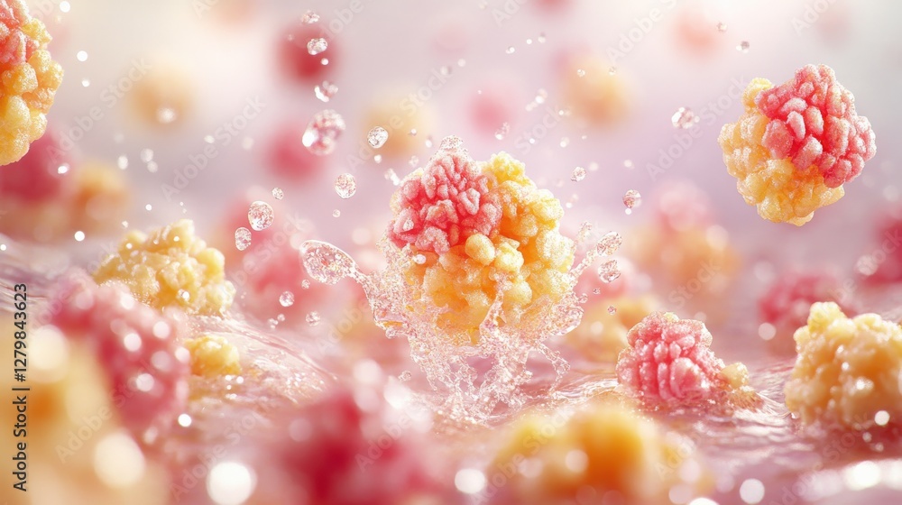 Poster vibrant microscopic scene depicting colorful particles splashing in liquid, showcasing dynamic movem