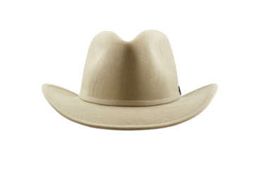 Tan cowboy hat with a black band sits on a white background, isolated