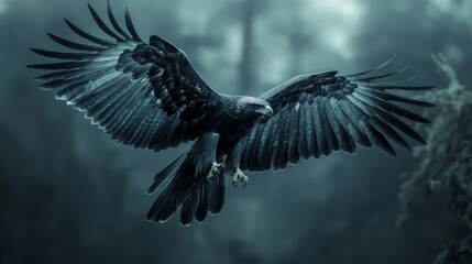 Fototapeta premium Dark Moody Eagle Soaring Through a Misty Forest