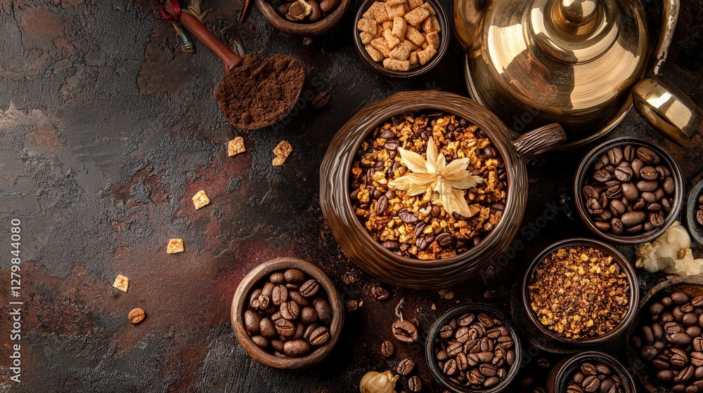 Poster aerial view of assorted coffee beans and spices in bowls on a rustic table with a teapot